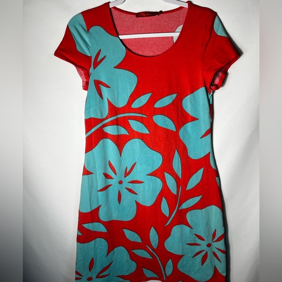 Krimson Klover Tropical Style Dress Peach with Blue Flowers Size M - Picture 2 of 7